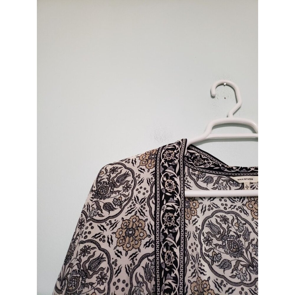 Max Studio Womens L Kimono Top Floral Boho Gray Yellow Open Front 3/4 Sleeve - Picture 4 of 6